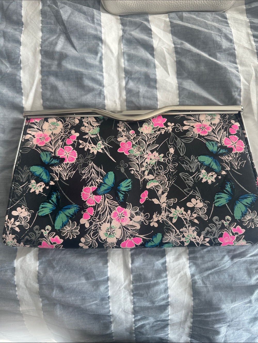 Accessorize Black Clutch with Pink Floral & Teal Butterfly Print